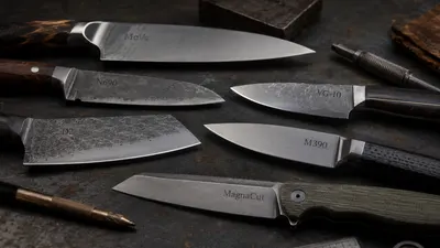 Hoja de cuchillo de acero inoxidable sobre fondo oscuro con luz lateral marcando el filo de la pieza